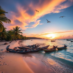 A picturesque shoreline fishing scene in the Philippines during the golden hour, showcasing the tranquil beauty of the tropical environment