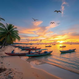 A picturesque shoreline fishing scene in the Philippines during the golden hour, showcasing the tranquil beauty of the tropical environment