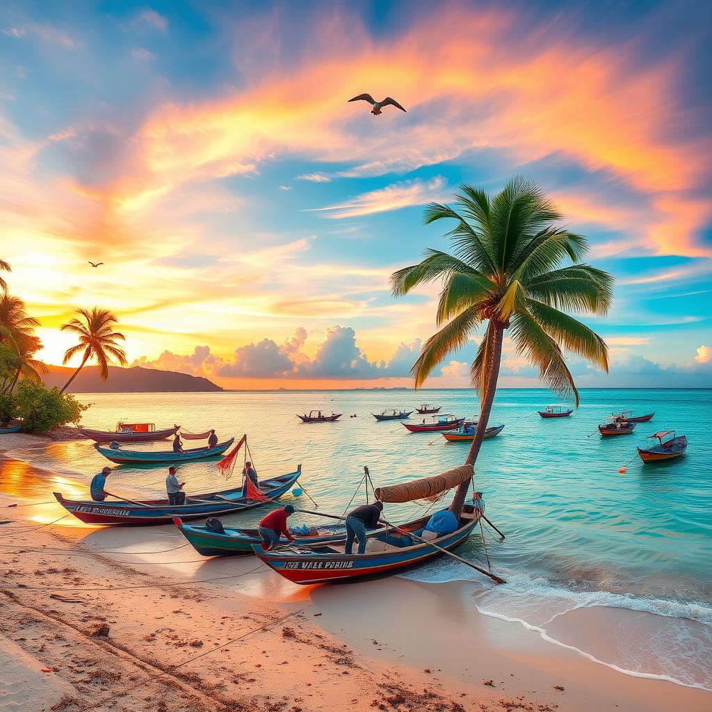 A picturesque shoreline fishing scene in the Philippines during the golden hour, showcasing the tranquil beauty of the tropical environment