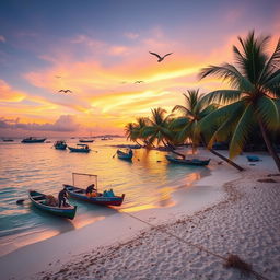 A picturesque shoreline fishing scene in the Philippines during the golden hour, showcasing the tranquil beauty of the tropical environment