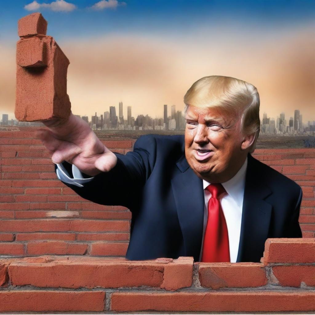 A high-quality digital art image depicting Donald Trump laying a brick onto a wall, symbolizing his involvement in the construction