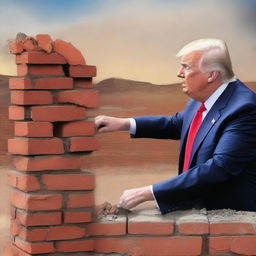 A high-quality digital art image depicting Donald Trump laying a brick onto a wall, symbolizing his involvement in the construction