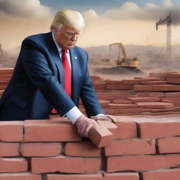 A high-quality digital art image depicting Donald Trump laying a brick onto a wall, symbolizing his involvement in the construction