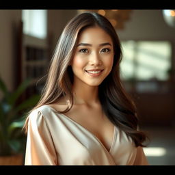 A beautiful 37-year-old Vietnamese woman with fair skin and soft facial features, wearing elegant attire that accentuates her graceful appearance