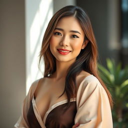 A beautiful 37-year-old Vietnamese woman with fair skin and soft facial features, wearing elegant attire that accentuates her graceful appearance