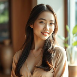 A beautiful 37-year-old Vietnamese woman with fair skin and soft facial features, wearing elegant attire that accentuates her graceful appearance