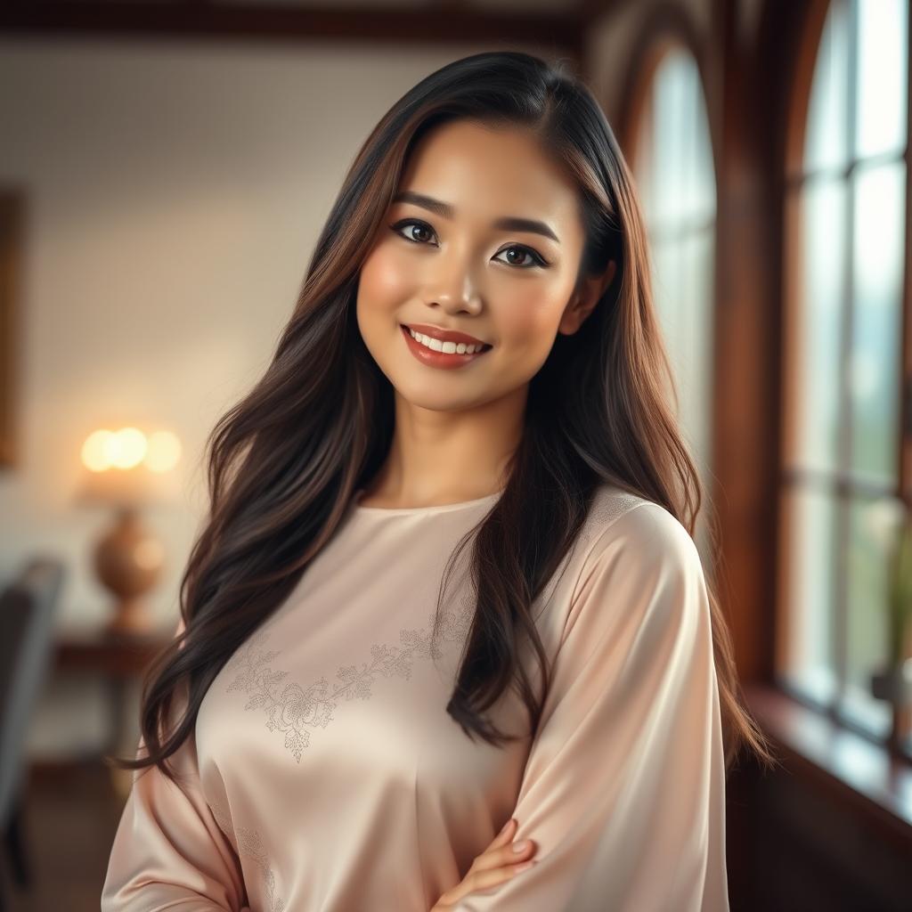 A beautiful 37-year-old Vietnamese woman with fair skin and soft facial features, wearing elegant attire that accentuates her graceful appearance
