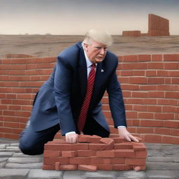 A high-quality digital art image depicting Donald Trump laying a brick onto a wall, symbolizing his involvement in the construction