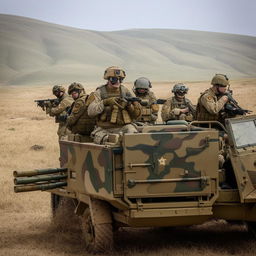 5 combatants in military fatigue, armed with assault rifles, missile launcher and radio in a rugged terrain vehicle