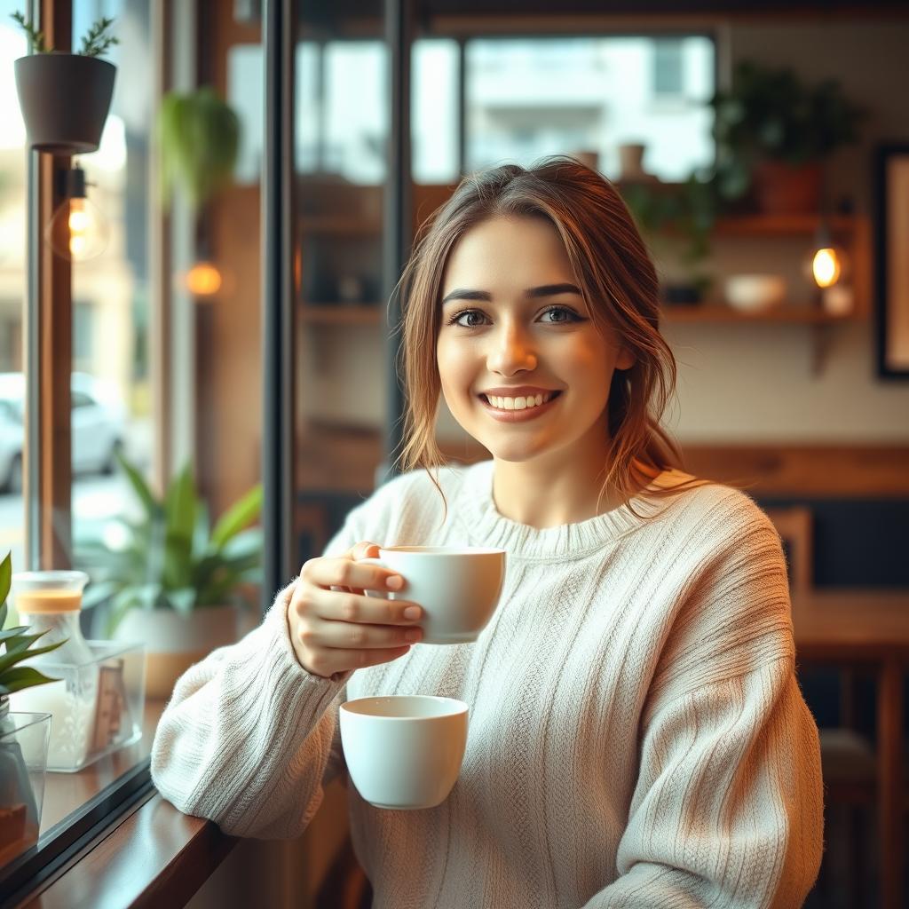 A 25-year-old woman sitting in a cozy coffee shop by the window, wearing a pastel-colored sweater and holding a steaming cup of coffee