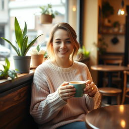 A 25-year-old woman sitting in a cozy coffee shop by the window, wearing a pastel-colored sweater and holding a steaming cup of coffee