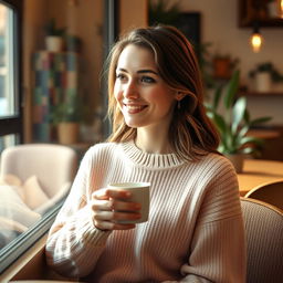 A 25-year-old woman sitting in a cozy coffee shop by the window, wearing a pastel-colored sweater and holding a steaming cup of coffee