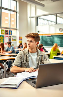 A high school student sitting at a desk in a bright, modern classroom, wearing a casual yet stylish outfit, engrossed in studying with textbooks and a laptop open in front of them