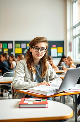 A high school student sitting at a desk in a bright, modern classroom, wearing a casual yet stylish outfit, engrossed in studying with textbooks and a laptop open in front of them