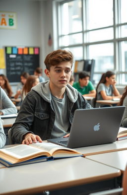 A high school student sitting at a desk in a bright, modern classroom, wearing a casual yet stylish outfit, engrossed in studying with textbooks and a laptop open in front of them