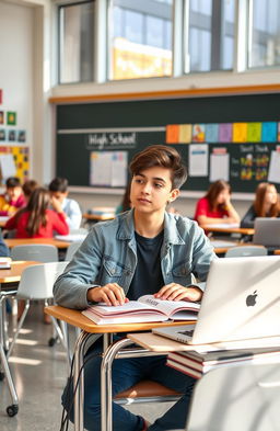 A high school student sitting at a desk in a bright, modern classroom, wearing a casual yet stylish outfit, engrossed in studying with textbooks and a laptop open in front of them