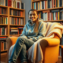 A 27-year-old woman in a warm home setting, sitting comfortably in an armchair draped with a soft blanket