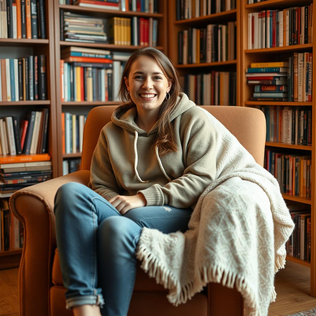 A 27-year-old woman in a warm home setting, sitting comfortably in an armchair draped with a soft blanket