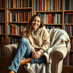 A 27-year-old woman in a warm home setting, sitting comfortably in an armchair draped with a soft blanket