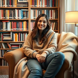 A 27-year-old woman in a warm home setting, sitting comfortably in an armchair draped with a soft blanket