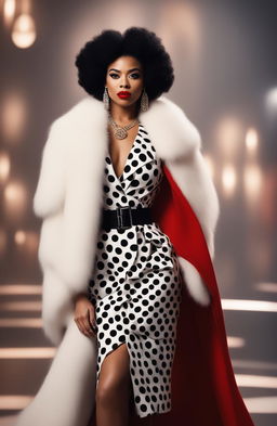 An unedited, full-body photograph of a mixed-race woman in her mid-20s, embodying a modern Cruella de Ville, commanding a high-end fashion runway