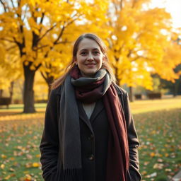 A 30-year-old woman standing in a picturesque park during autumn, wearing a stylish long coat and a cozy scarf