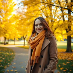 A 30-year-old woman standing in a picturesque park during autumn, wearing a stylish long coat and a cozy scarf
