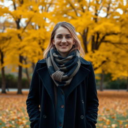 A 30-year-old woman standing in a picturesque park during autumn, wearing a stylish long coat and a cozy scarf