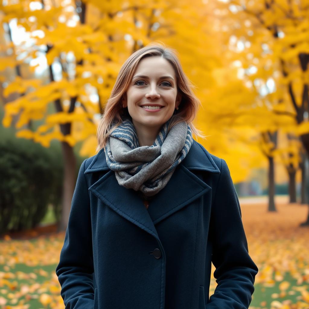 A 30-year-old woman standing in a picturesque park during autumn, wearing a stylish long coat and a cozy scarf