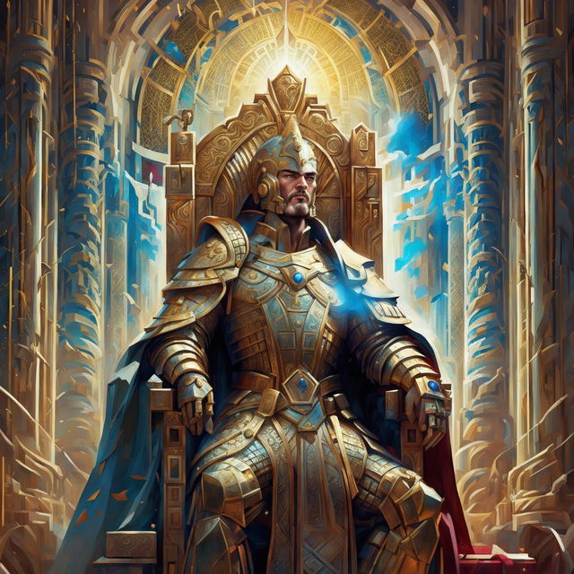 A high-quality digital art image of a king in golden armor, sitting on a jade throne in a grand throne room