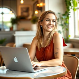 A 35-year-old woman sitting at a café table with a laptop open in front of her