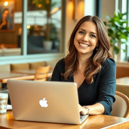 A 35-year-old woman sitting at a café table with a laptop open in front of her