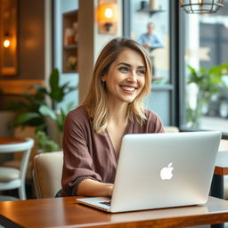 A 35-year-old woman sitting at a café table with a laptop open in front of her