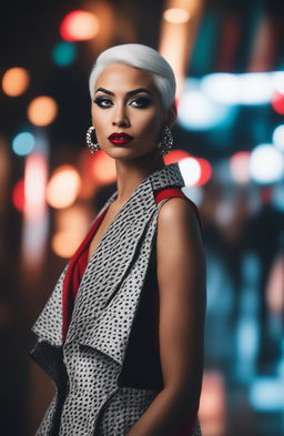 An unedited, full-body photograph of a mixed-race woman in her mid-20s, embodying a modern Cruella de Ville with a bald head and white hair, commanding a high-end fashion runway