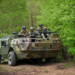 5 combatants in military fatigue, armed with assault rifles, missile launcher and radio in a rugged terrain vehicle