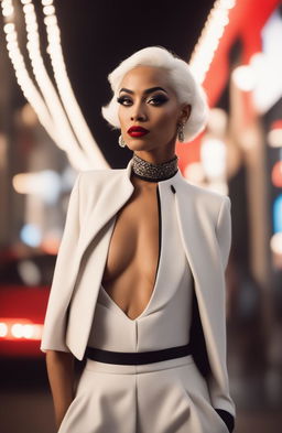 An unedited, full-body photograph of a mixed-race woman in her mid-20s, embodying a modern Cruella de Ville with a bald head and white hair, commanding a high-end fashion runway