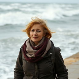 A 40-year-old woman walking alongside the sea on a windy day