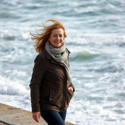 A 40-year-old woman walking alongside the sea on a windy day