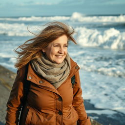 A 40-year-old woman walking alongside the sea on a windy day