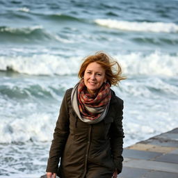 A 40-year-old woman walking alongside the sea on a windy day