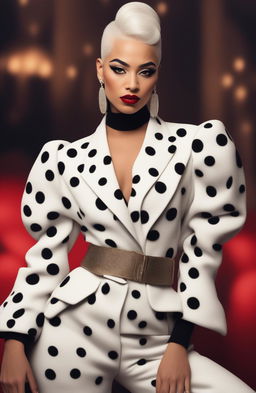 An unedited, full-body photograph of a mixed-race woman in her mid-20s, embodying a modern Cruella de Ville with a bald head and white hair, commanding a high-end fashion runway