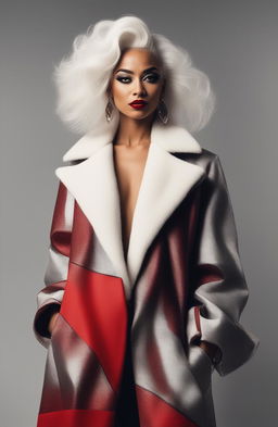 An unedited, full-body photograph of a mixed-race woman in her mid-20s, embodying a modern Cruella de Ville with a bald head and white hair, commanding a high-end fashion runway