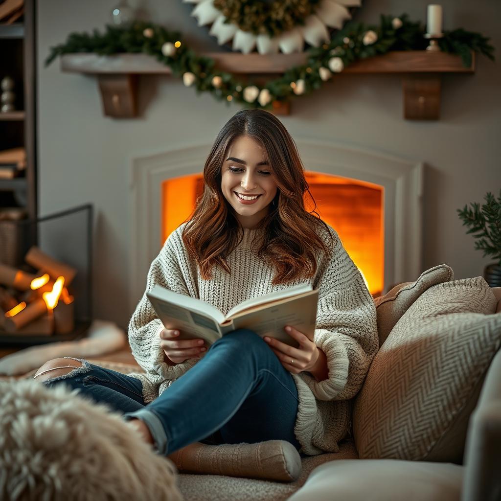 A 28-year-old woman sitting comfortably by a warm fireplace in a cozy living room
