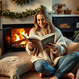 A 28-year-old woman sitting comfortably by a warm fireplace in a cozy living room