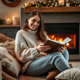 A 28-year-old woman sitting comfortably by a warm fireplace in a cozy living room