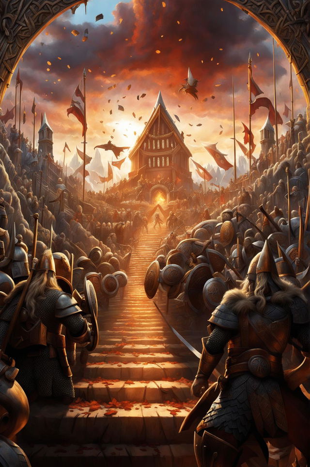 A high-quality digital art depiction of the Norse hall of the fallen warriors, Valhalla