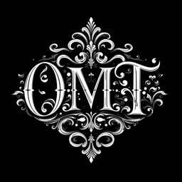An intricate black and white logo design featuring the text 'O M T' prominently displayed in a decorative, vintage style with ornate flourishes and embellishments