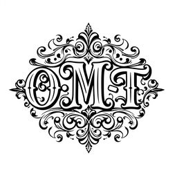 An intricate black and white logo design featuring the text 'O M T' prominently displayed in a decorative, vintage style with ornate flourishes and embellishments