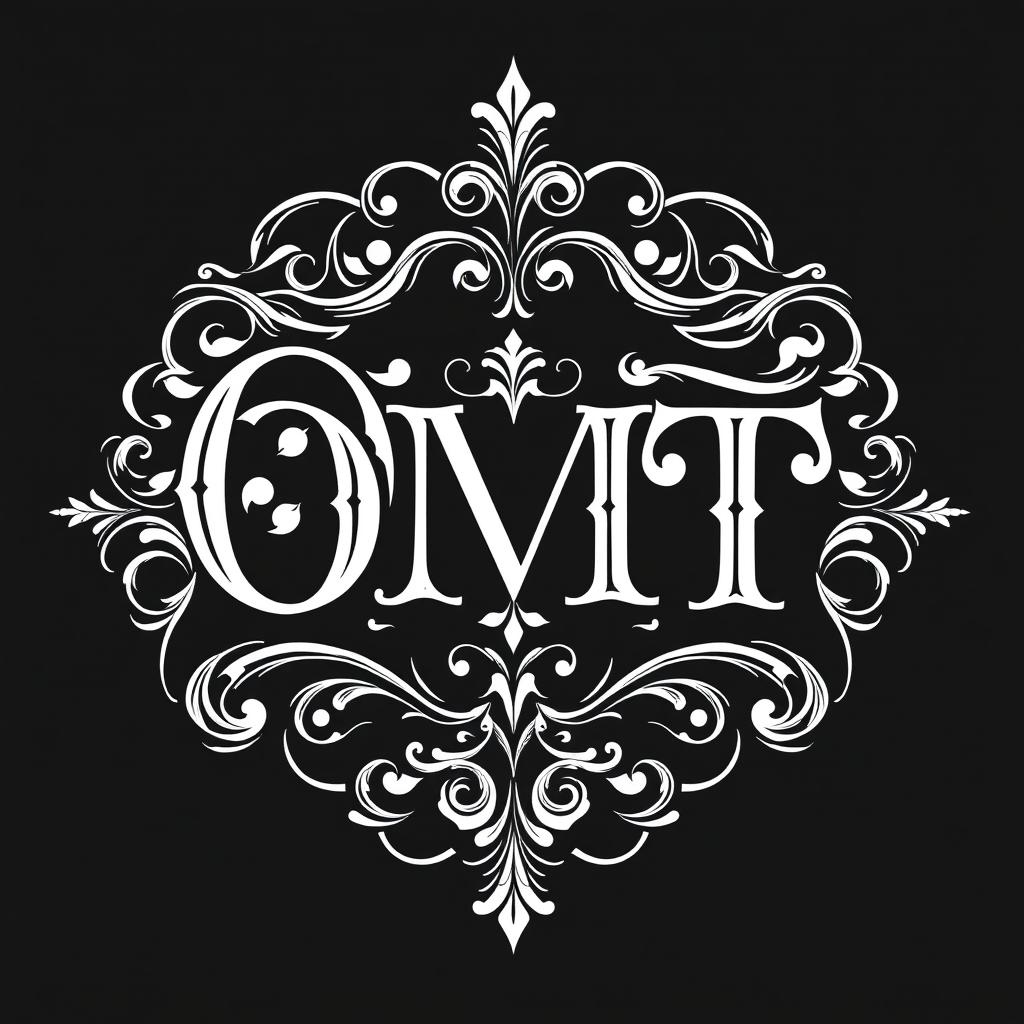 An intricate black and white logo design featuring the text 'O M T' prominently displayed in a decorative, vintage style with ornate flourishes and embellishments