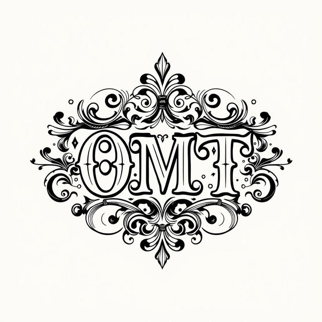 An intricate black and white logo design featuring the text 'O M T' prominently displayed in a decorative, vintage style with ornate flourishes and embellishments